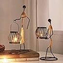 2Pcs Candle Holders for Tables, Retro Black Iron Tea Light Candle Holders Vintage Candlestick Stand Little Girl Shaped with Hemp Rope Design for Living Room Valentine Wedding Christmas Decoration (B)