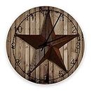 12 Inch Silent Round Wooden Wall Clock Western Texas Star Rustic Wood Grain Wall Clock, Non Ticking Battery Operated Quartz Home Decor Wall Clocks for Living Room/Kitchen/Office