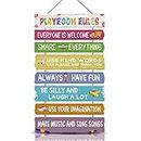 KAIRNE Playroom Rules Wood Sign Hanging Wall Art,Everyone is Welcome Inspirational Quotes Wall Decor for Kids Room,Colorful Rainbow Color Wooden Plaque for Childrens Bedroom Decoration