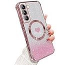 ZONRW for Samsung Galaxy S22 Case Magnetic,for Women Girl Soft Luxury Plating Bling Gradient Glitter Cute Heart Compatible with MagSafe,with Camera Lens Protection Clear Phone Cover 6.1”-Pink