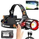 Rechargeable Headlamp 90000 High Lumen, LED Headlights with 5 Modes, Zoomable, IPX7 Waterproof, Brightest Motion Sensor Headlamp, Powerful Hardhat Headlamps for Running, Camping, Emergency, Outdoor