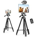 Aureday Phone Tripod Stand, 64” Extendable Cell Phone&Camera Tripod with Wireless Remote and Phone Holder, Aluminum iPad Tripod for Video Recording/Selfies/Live Stream/Vlogging Black