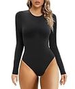 SHAPERX Bodysuit for Women Long Sleeve Scoop Neck Tops Strechy Second-skin Feel Body Suits,SZ5242-Black-S