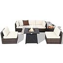 Tangkula 7 Piece Patio Furniture Set w/Fire Pit Table, Patiojoy Outdoor Rattan Conversation Sofa Set w/30 Square Propane Fire Pit Table, 50,000 BTU Heat Output, Protective Cover Included