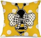 ELicna Bee Decor Summer Pillow Cover 18x18 Inch, Farmhouse Polka Dots Seasonal Pillow Case for Home Sofa Couch, Yellow Throw Pillow, Bee Pillow Covers, Rustic Farmhouse Style Cushion Cover,