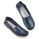 Reimferce Women's Comfortable Leather Loafers Casual Round Toe Moccasins Wild Driving Flats Soft Walking Shoes Women Slip On Blue