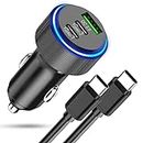 USB C Car Charger Adapter 66W, Tepow 3 Port USB Car Charger Fast Charge with USB C Cable, PD&QC3.0 Car Phone Charger Cigarette Lighter for Samsung Galaxy S22 Ultra/S21/S20,iPhone 14 13 12 Pro Max,iPad