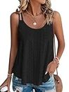 WNEEDU Womens Summer Tank Tops Eyelet Embroidery Sleeveless Spaghetti Strap Casual Tunic Pleated Flowy Camisoles Hollow Scoop Neck Tank 2024 New T-Shirt Blouse Black M