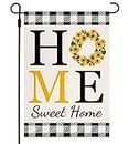 QWETRY Sunflower Home Sweet Home Garden Flag for Outside Summer Flags for Farmhouse Lawn Outdoor Décor, Burlap Vertical Buffalo Check Plaid Flower Small Rustic Yard Flags 12.5 x 18 Inch Double Sided
