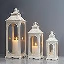 TRIROCKS Set of 3 Vintage Candle Lanterns 10/14/19 5 Inch High Decorative Outdoor Lantern Metal Candle Holder with Tempered Glass for Home Living Room Garden Yard Parties Indoor and Outdoor (White)