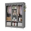 UDEAR Portable Wardrobe Closet Clothes Organizer Non-Woven Fabric Cover with 6 Storage Shelves, 2 Hanging Sections and 4 Side Pockets，Grey
