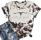 DUTUT Let's Go Girl Shirt Women Western Bleached T-Shirt Retro Country Music Tee Shirt Cowgirls Shirts Short Sleeve Tops Grey