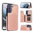 Anyisposs Phone Case for Samsung Galaxy S21 FE 5G Wallet Case Tempered Glass Screen Protector Card Holder Slots Stand Cover Flip Cases Cell Gaxaly S 21 FE 5G S21FE5G UW S21FE 21S G5 -G990U Rose Gold