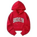 LOFAAC Women Fleece Brooklyn Letter Graphic Crop Hoodie Sweatshirt 90s Long Sleeve Drop Shoulder Cropped Hooded Pullover, Red, Medium