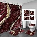 Gibelle 4 Pcs Luxury Marble Shower Curtain Set with Non-Slip Rugs, Toilet Lid Cover and Bath Mat, Gold Foil Red Bathroom Decor Set with Shower Curtain and Rugs and Accessories