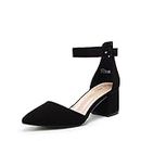 DREAM PAIRS Women's ANNEE-W Chunky Closed Toe Low Block Heels Dress Pointed Toe Ankle Strap Wedding Pump Shoes, Size 9, Black Nubuck