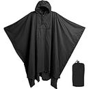 Heavy Duty Reusable Rain Poncho, Backpacking, Waterproof Lightweight Rain Ponchos for Adults, Military Poncho as Emergency Rain Poncho, Camping Poncho Men Women with Bag (Adult - Square - Black)