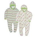 Appu Kids Front Open Full Sleeves Sleepsuit Hooded with Foot Easy Dressing and Diapering Romper Set of 2 (9-12 Months, Green)