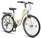 Licorne Bike Stella Premium City Bike 24,26 et 28 pouces – Vélo pour filles, garçons, hommes et femmes – Dérailleur Shimano 21 vitesses – Vélo hollandais, Garçon, beige, 26