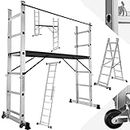 tectake® Aluminium Multi-Purpose Ladder, Adjustable 3-in-1 Scaffolding, Step Ladder, Work Platform, 150 kg Capacity, Durable Folding Frame, Scaffold Safety Bar, Rubber Feet with Wheels