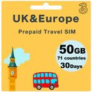 UK&Europe Travel SIM Card 50GB Data EU 12GB Data + Unlimited Talk for 30 Days