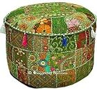 Bohemian Vintage Embroidered Pouf Ottoman Footstool Cover Indian Round Ottoman Stool Pouf Pillow, Ethnic Embroidered Pouf Cover, Indian Cotton Round Pouffe Ottoman Pouf Cover Pillow Ethnic Decor Art, 14x22 Inch. By Bhagyoday