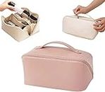 Large-Capacity Travel Cosmetic Bag,Water-Resistant Travel Multi Layer Makeup Bag,Portable Leather Toiletry Bag,Multifunction Toiletry Bags with Brushes Slots and Dividers for Makeup. (Pink)