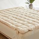 Wow 100% Organic Merino Wool Pillow Top Mattress Topper 2" for Back Pain Relief | Non-Toxic Raw Cotton Cover | Natural Cooling Quilted Fitted Mattress Pad | Hand Made Authentic Comfort | Medium Firm