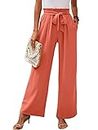 Heymoments Women's Wide Leg Lounge Pants with Pockets Lightweight High Waisted Adjustable Tie Knot Loose Trousers, A05-coral, Large