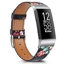 Vancle Leather Bands Compatible with Fitbit Charge 4 Bands and Fibit Charge 3 Bands, Top Grain Leather Band Replacement Wristbands Straps for Fitbit Charge 4 Charge 3 Men Women (Red Flower)
