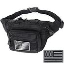 Tactical Fanny Pack, Military Waist Bag Hip Belt Bumbag Utility Bags for Outdoor Hiking Climbing Fishing with U.S Patch (Black)