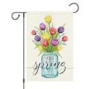 Louise Maelys Welcome Spring Garden Flag 12x18 Double Sided Vertical, Burlap Small Mason Jar Tulip Flower Vase Garden Yard House Flags Outside Outdoor House Hello Spring Decoration (ONLY FLAG)