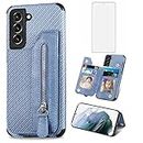 Phone Case for Samsung Galaxy S21 FE Gaxaly S 21 FE 5G Wallet Cover with Screen Protector and Zipper Credit Card Holder Stand Leather Cell Accessories Glaxay S21FE5G UW S21FE 21S G5 Women Men Blue