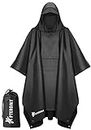 PTEROMY Hooded Rain Poncho for Adult with Pocket, Waterproof Lightweight Unisex Raincoat for Hiking Camping Emergency, Black, One size