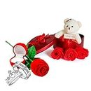 Saugat Traders Love Gift for Couples - Combo of Red Rose Ring Box Flower, Couple Ring Set, Gift Box with Soft Toy and 3 Roses - Valentines Day Gift