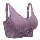 iClosam Womens Sports Bra Front Cross Side Buckle Push Up Bra Sexy V-Neck Lace Bralette Wireless Yoga Running Lounge Bra with Removable Pads M-XXXL Purple