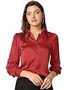 Allegra K Women's Silk Shirt Puff Sleeve Point Collar Vintage Button Up Satin Blouses, Red, 12