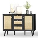 Giluta Black Storage Cabinet, Rattan Sideboard Cabinet, Kitchen Cabinet with Drawers and Shelves, Farmhouse Coffee Bar Pantry Cabinets with Storage for Dining Room, Living Room