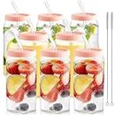 HOMBERKING Glass Cups with Silicone Lids 8pcs Set, 20oz Can Shaped Glass Cups with Straws, Beer Glasses, Iced Coffee Cups, Cute Tumbler Cup with Cleaning Brushes, Ideal for Cocktail, Tea, Gift, Pink