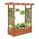 VINGLI Raised Garden Bed with Trellis & Hanging Roof, Wooden Garden Bed, Outdoor Planter Box for Yard, Garden, Balcony