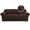 H.VERSAILTEX Modern Velvet Plush 4 Piece High Stretch Sofa Slipcover Sofa Cover Furniture Protector Form Fit Luxury Thick Velvet Sofa Cover for 3 Cushion Couch Width Up to 90 Inch (Sofa,Brown)