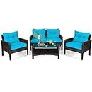 HAPPYGRILL 4-Piece Patio Furniture Set Outdoor Rattan Wicker Conversation Set with Coffee Table, Sectional Sofa Bistro Set with Cushions for Garden Poolside Backyard