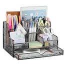 Housolution Desk Organizer with Drawer, Metal Stationery Organizer Pencil Holder for Office School Home, Classified Storage Mesh Desktop Organizer with 8 Compartments for Office Supplies, Black