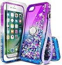 NGB Compatible for iPhone 6 6S 7 8 Case, iPhone SE 3 2022/iPhone SE 2 2020 Case with Tempered Glass Screen Protector, Ring Holder, Girls Women Kids Liquid Glitter TPU Cute Case (Purple/Blue)