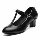 Bokimd Womens Character Shoes t-Strap Shoes Dancing Shoes Ladies Dress Shoes Leather Salsa Dance Heels, Black, 7.5