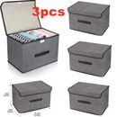 3Pcs Large Foldable Canvas Storage Boxes Folding Fabric Clothes Baskets with Lid