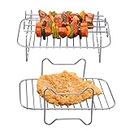 2 Pcs Air Fryer Rack, Dual Airfryer Racks Stainless Steel, Grilling Rack with 4 Skewers, Compatible with Ninja Food Dual Zone Air Fryer AF300UK AF400UK, for Double Basket Tower Air Fryers Accessories