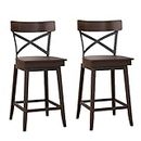 COSTWAY Swivel Bar Stool Set of 2, 24 Inch Ergonomic Counter Height Chairs with Open X Back & Footrest, 2PCS Vintage Wooden Barstools for Kitchen Island, Pub, Bistro, Café, Brown (2, 24 inch)