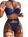 Lilosy Sexy Choker Floral Lace Underwire Push Up Garter Belt Lingerie Set for Women Sheer Bra and Panty 3 Piece, Blue, Medium