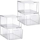 YIEZI Stackable Makeup Organizer Storage Drawers, 4.4'' Tall Acrylic Bathroom Organizer，Clear Plastic Storage Bin for Vanity, Under Sink, Kitchen Cabinets, Pantry Storage and Home Organization, 4 Pack